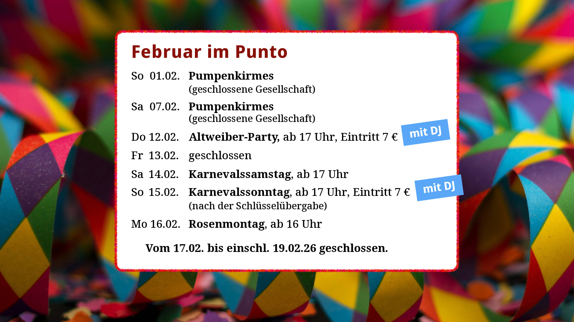 Februar Termine: Karneval im Punto